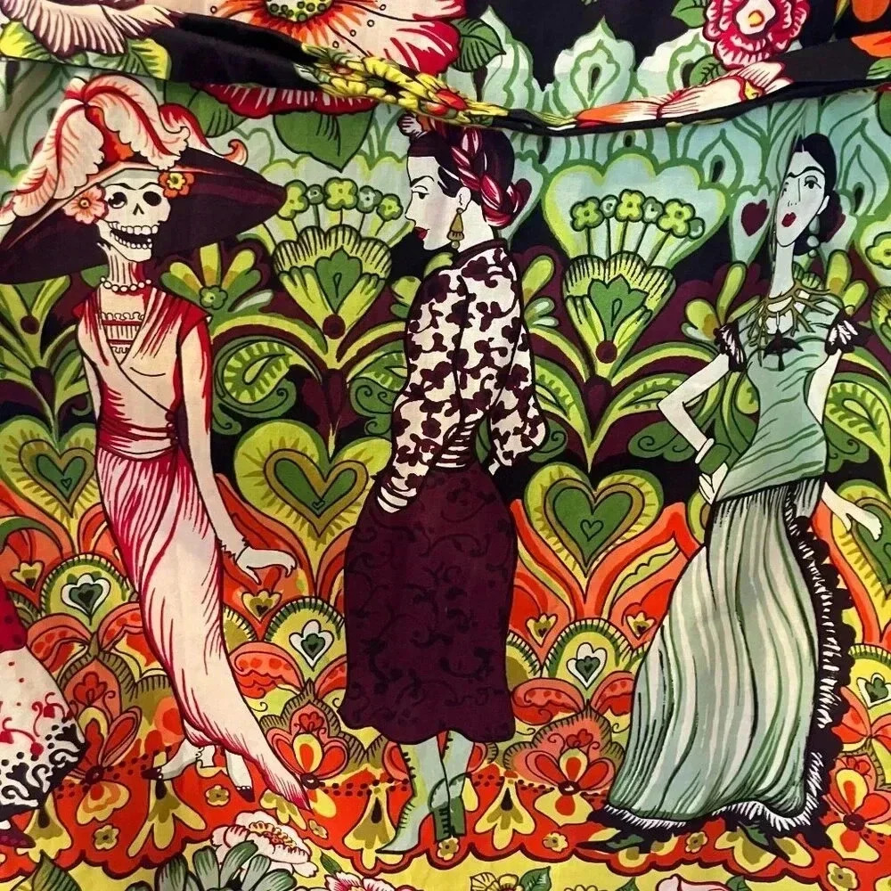 Anthropologie Vibrant Multi-Color Printed Robe with Figurative Floral Motif